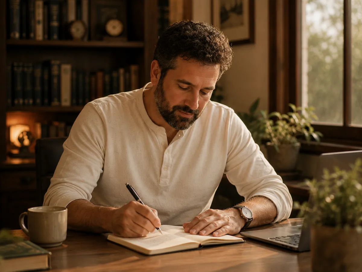 A focused leader reviewing notes at a warm office desk