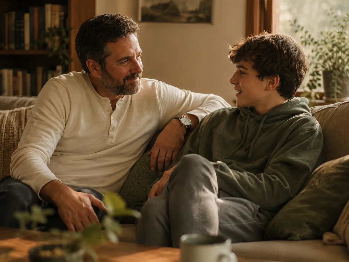 A parent and teenager talking warmly on the couch