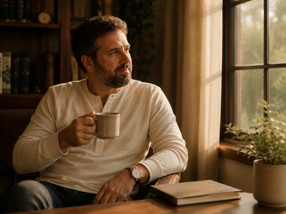 A man pausing for a quiet moment of clarity by a window