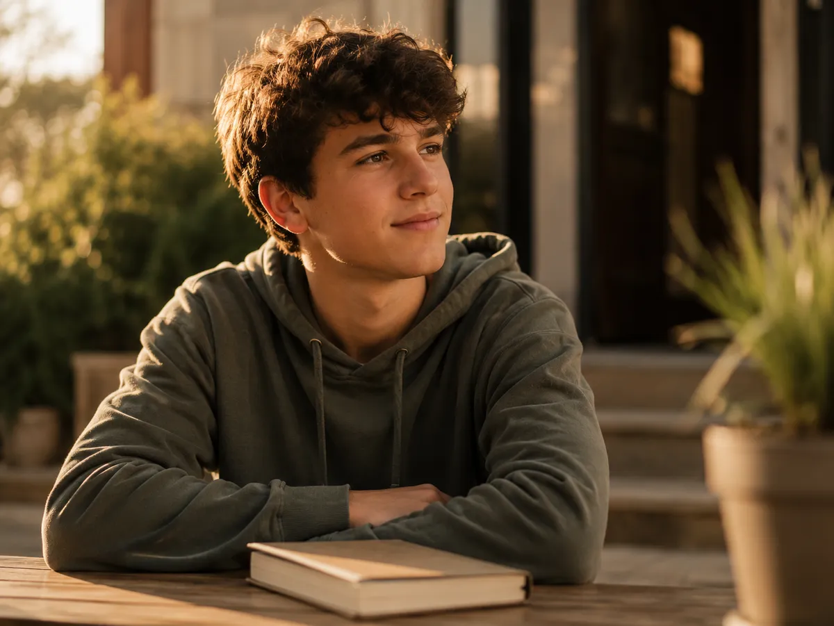 A teenager sitting outdoors, calm and quietly confident